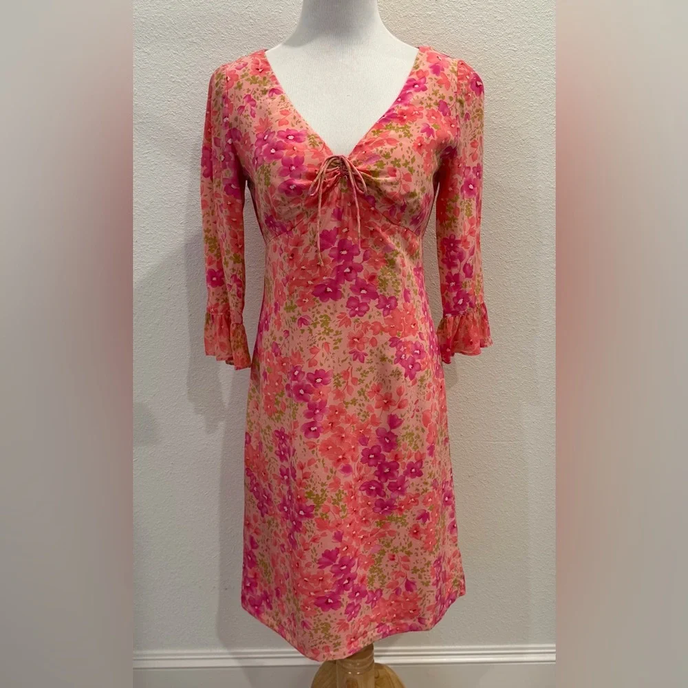 Vintage Maggy London 100% Silk Floral Midi Dress 4 Ruffle Tie Front Pink‎ Garden